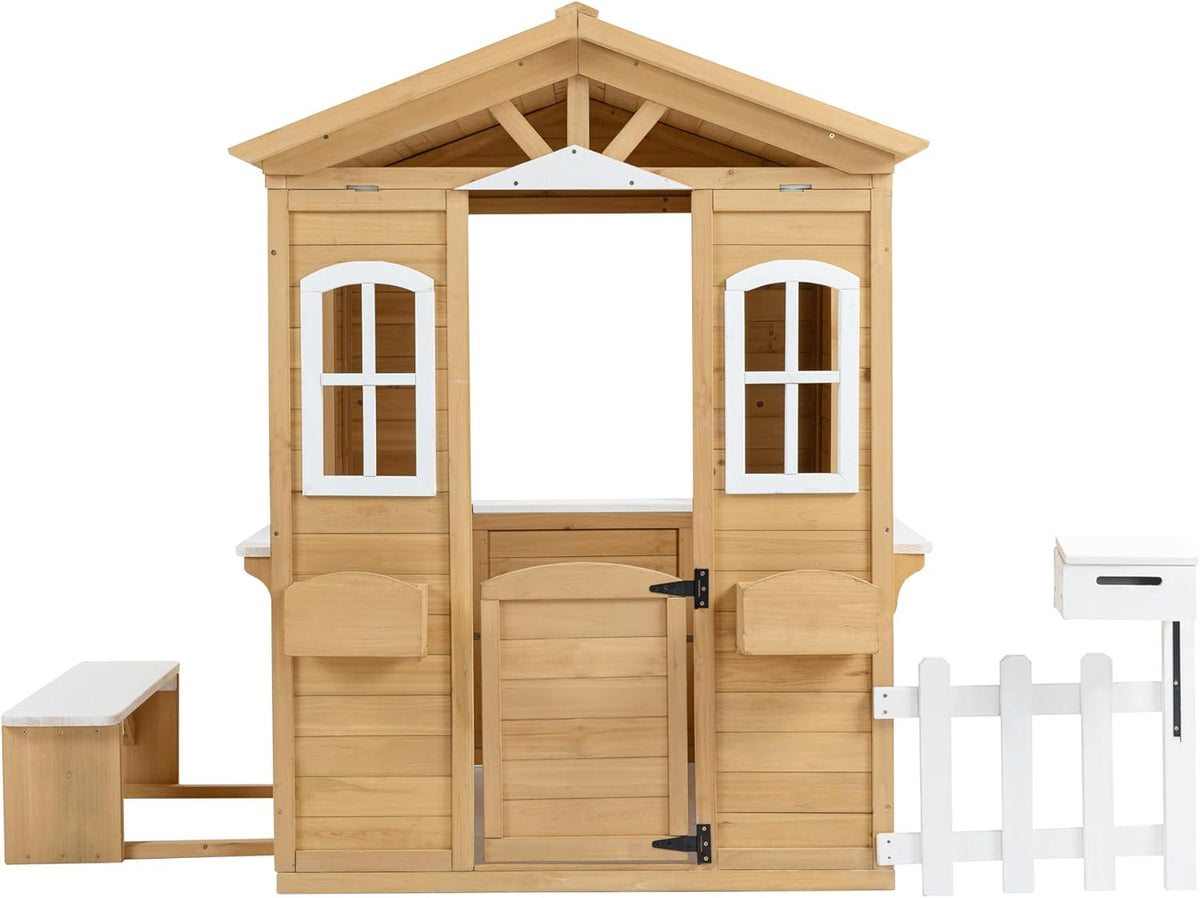 Wooden Playhouse with Door, Windows, Mailbox, Bench, Flowers Pot Holder, 39" x 38" x 55.5" A706