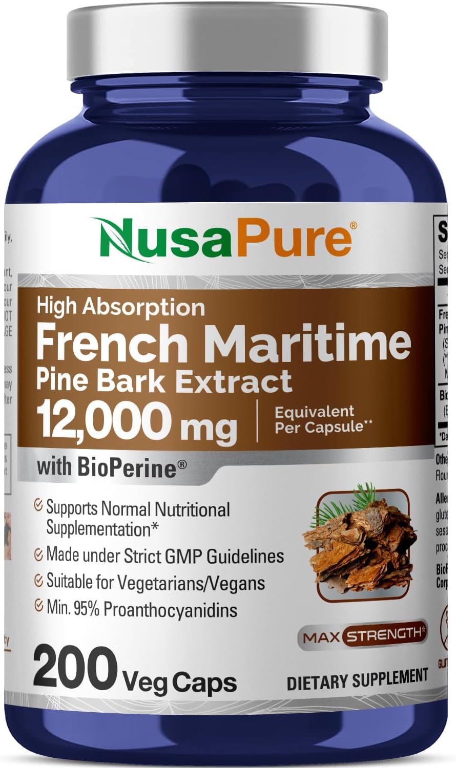 French Maritime Pine Bark Extract 12,000 mg Veggie Caps 200-Day Supply D689