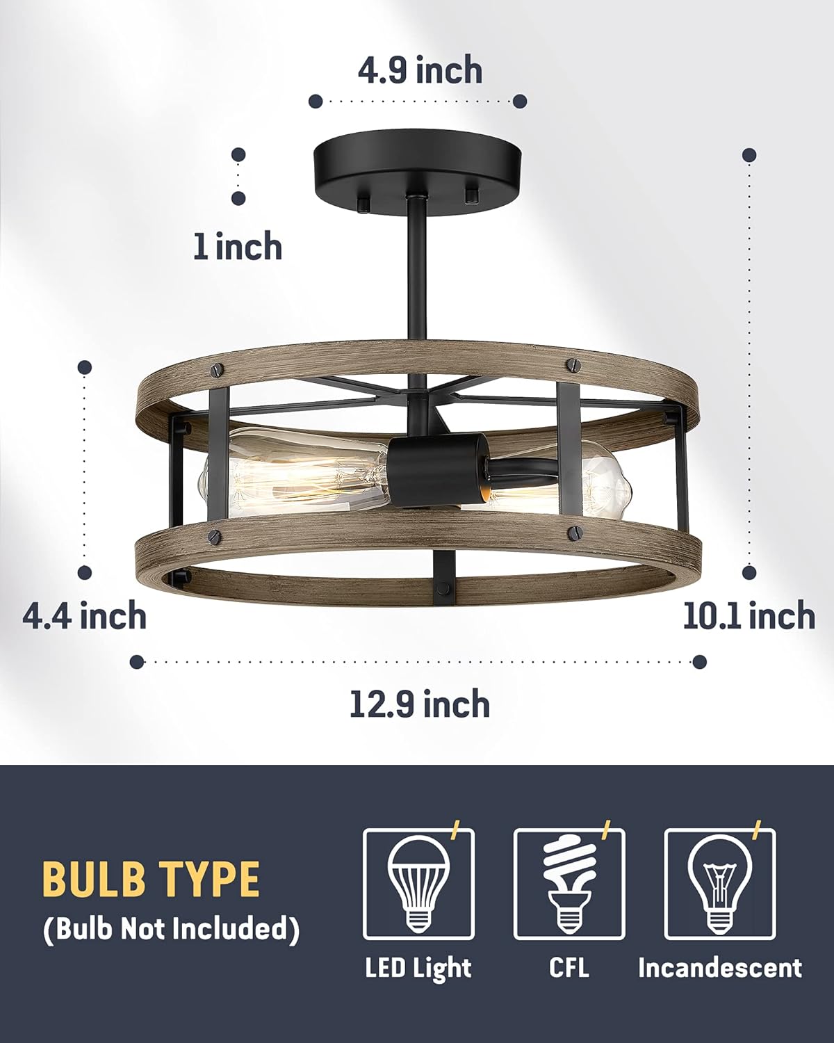 Farmhouse Semi Flush Mount Ceiling Lighting, 2-Light Metal Cage, 13 inches, Wood Grain and Matte Black Finish Z16118