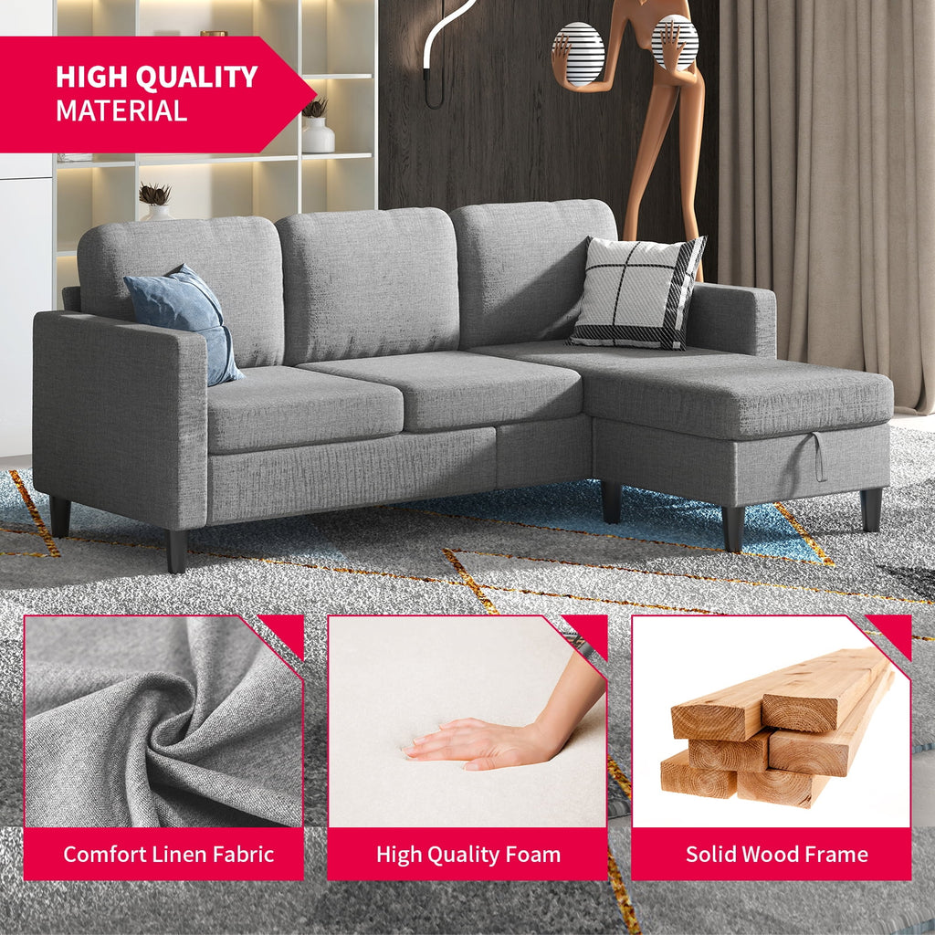 Beige Linen Sectional Sofa with Storage Ottoman W752