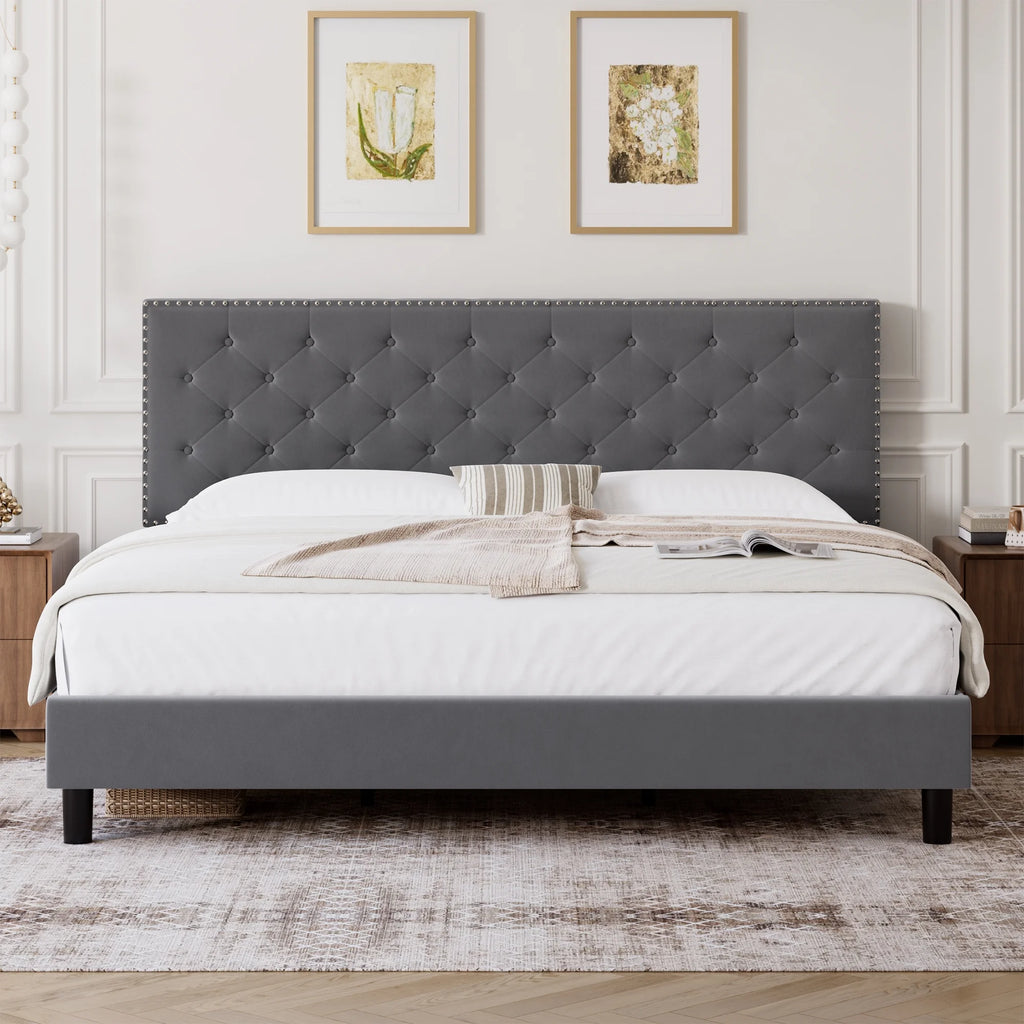 King Size Upholstered Platform Bed with Adjustable Headboard E81797
