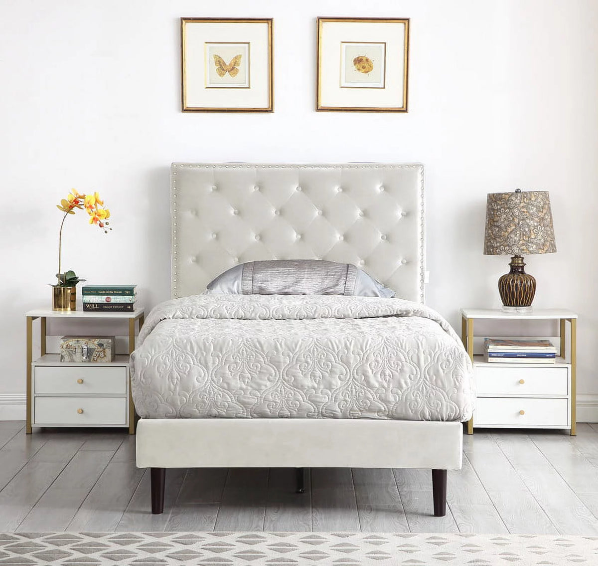 Beige Twin Upholstered Platform Bed Frame with Adjustable Headboard L6442