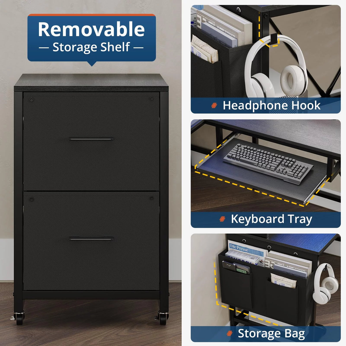 L Shaped Computer Desk with Power Outlet and LED Strip, Black E5590