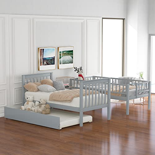 Gray Twin Over Twin Solid Wood Bunk Bed with Stairs and Trundle P711