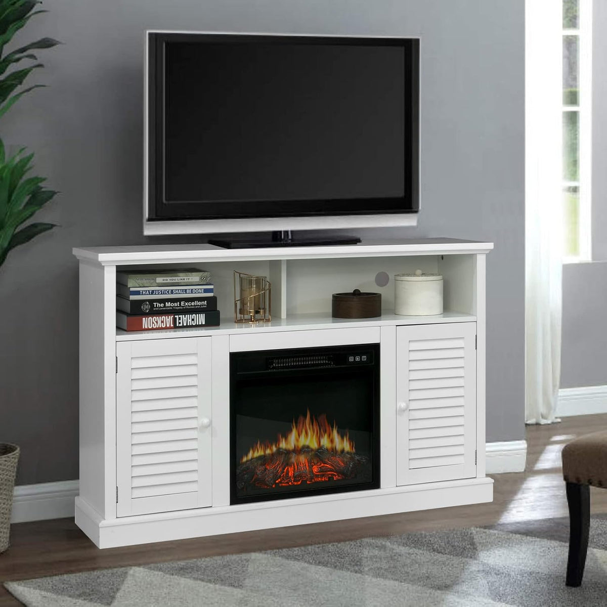 White Fireplace TV Stand with Adjustable Shelves V4935