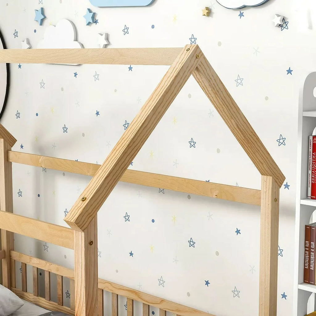 Twin Size Wood House Floor Bed with Fence Guardrails G765
