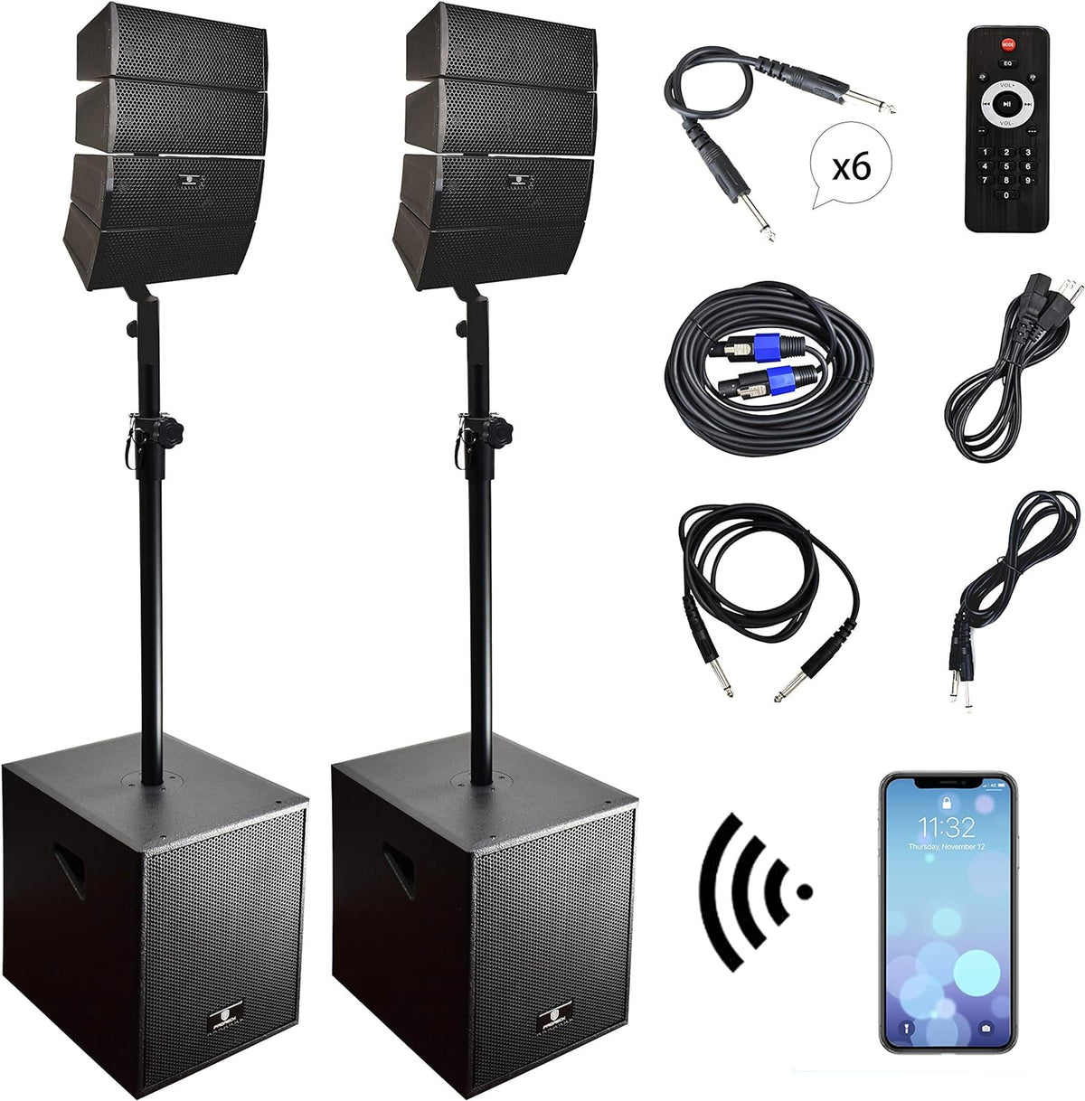 12-Inch 4000w DJ Powered PA Speaker System Combo Set with Bluetooth, Two Subwoofers and 8 Line Array Speakers X2778
