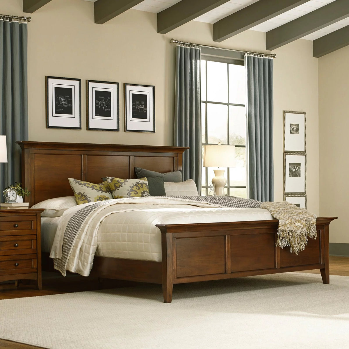 Solid Wood King Panel Bed in Cherry Brown D130
