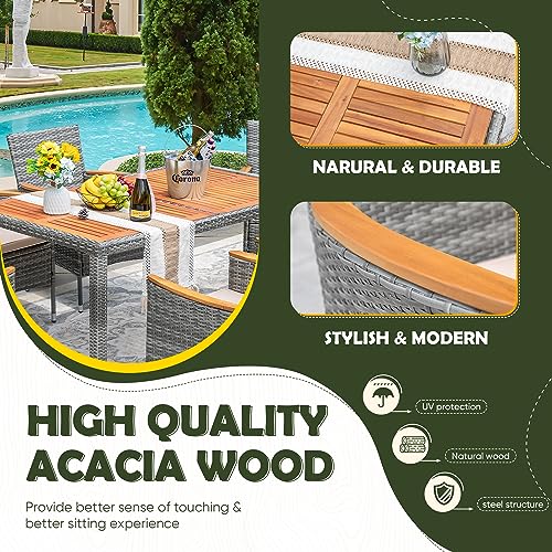 9 Piece Wicker Outdoor Dining Table and Chairs Set with Acacia Wood Table Top H24045