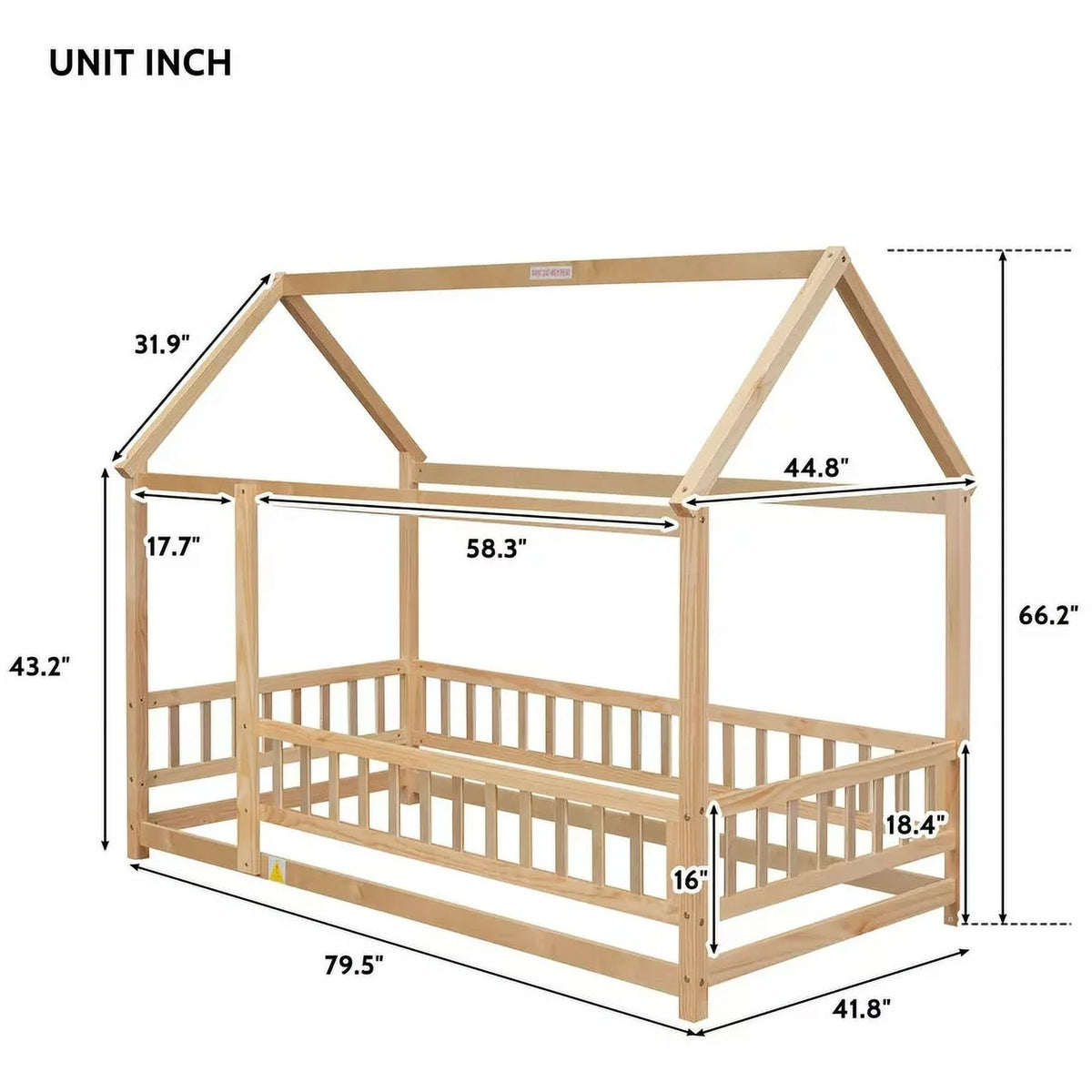 Twin Size Wood House Floor Bed with Fence Guardrails G765