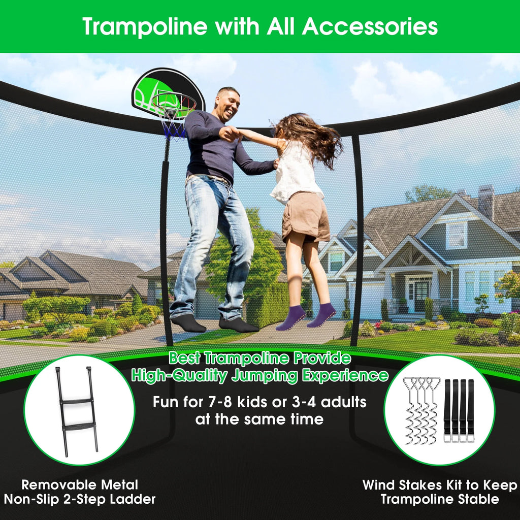 12FT 14FT Trampoline with Enclosure, Basketball Hoop, Light, Sprinkler, Socks, Wind Stakes B6080
