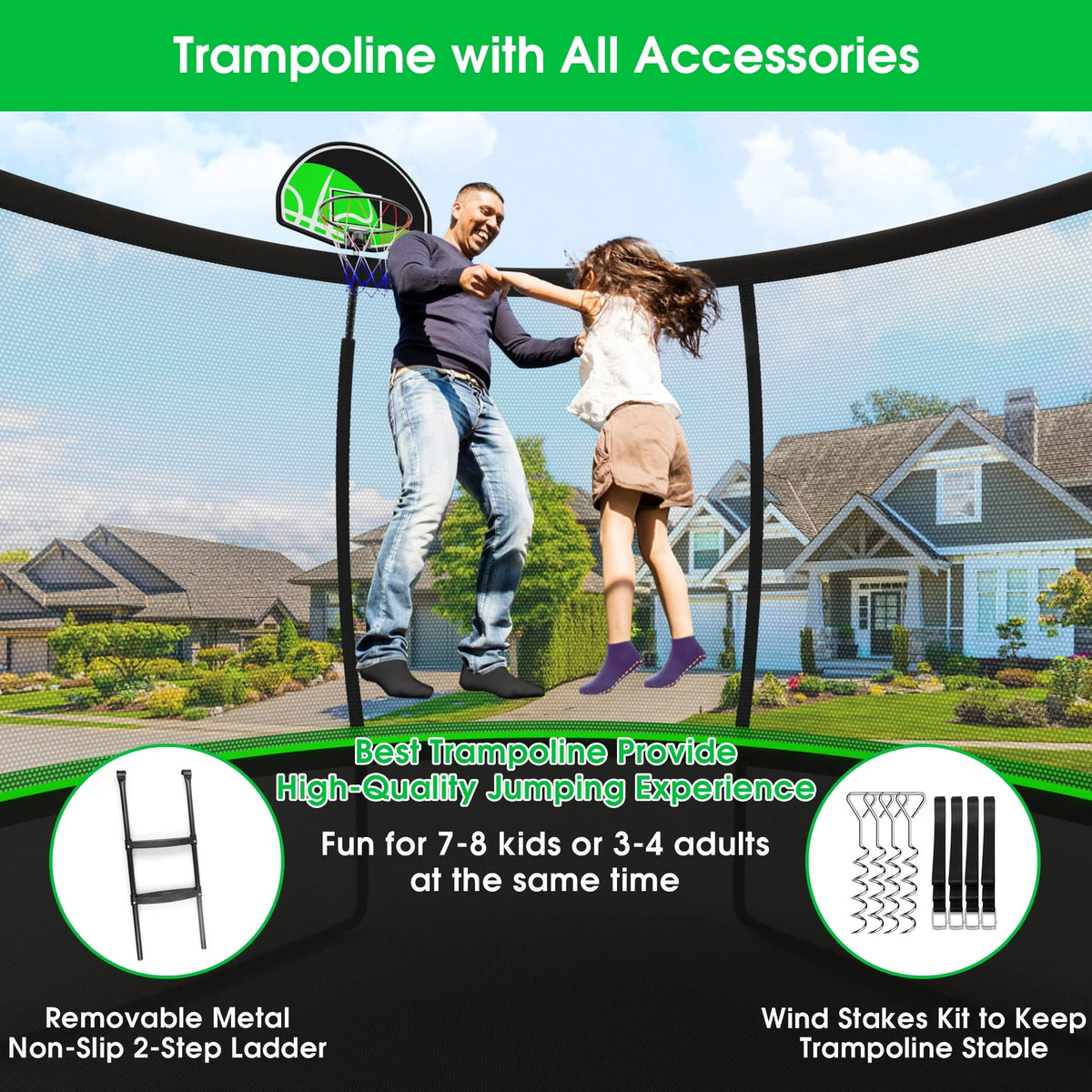 12FT 14FT Trampoline with Enclosure, Basketball Hoop, Light, Sprinkler, Socks, Wind Stakes B6080