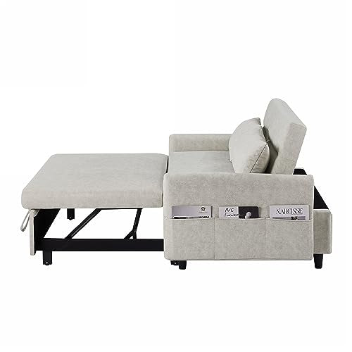 Gray 3 in 1 Convertible Sleeper Sofa Futon Couch Pullout Bed Love Seat Chaise Lounge with Storage Pockets 2 Pillows E5638