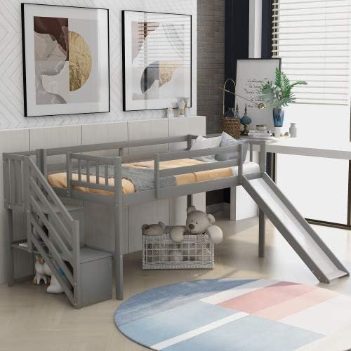 Twin Size Low Loft Bed with Slide and Staircase Gray J697