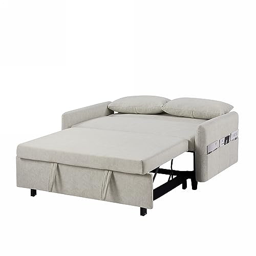 Gray 3 in 1 Convertible Sleeper Sofa Futon Couch Pullout Bed Love Seat Chaise Lounge with Storage Pockets 2 Pillows E5638