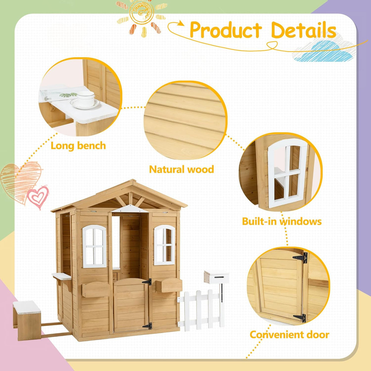 Wooden Playhouse with Door, Windows, Mailbox, Bench, Flowers Pot Holder, 39" x 38" x 55.5" A706