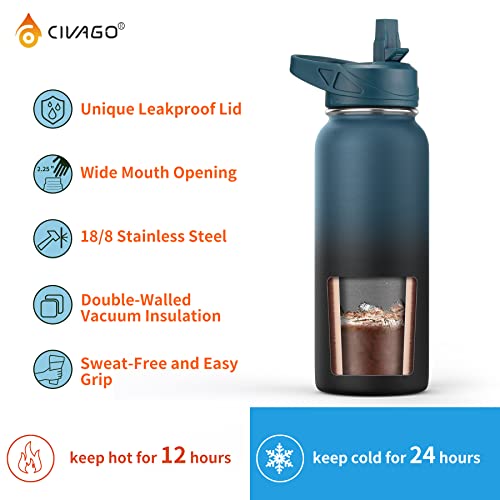 32 oz Insulated Stainless Steel Water Bottle with Straw and 3 Lids L64468