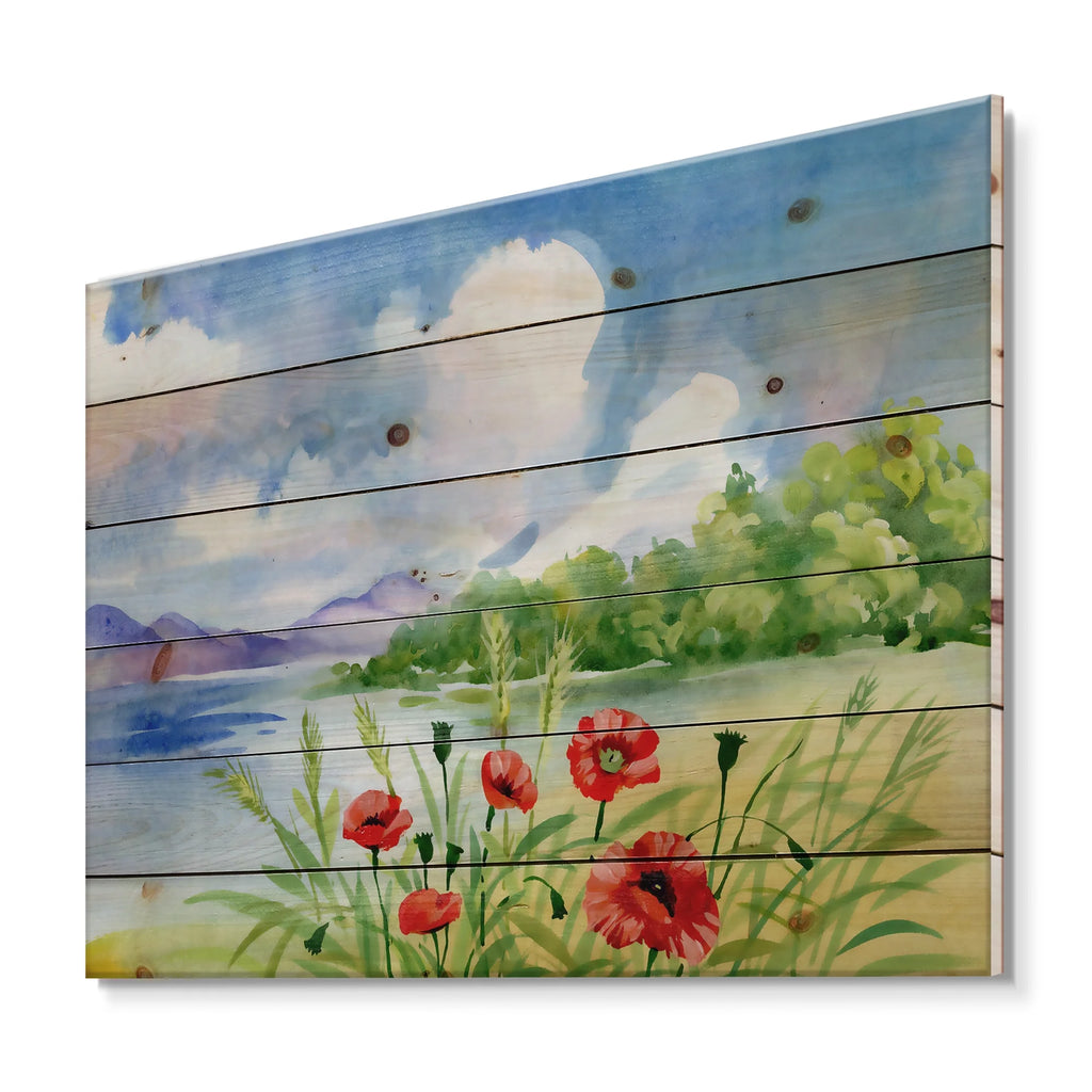 Red Tulips On The Bank Near A River Mountain Print on Natural Pine Wood A176