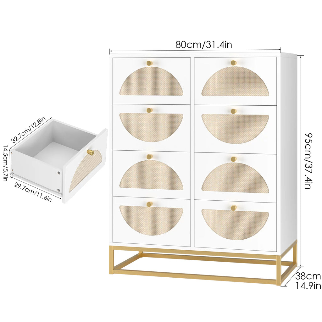 White 8 Drawer Rattan Wood Dresser J65071
