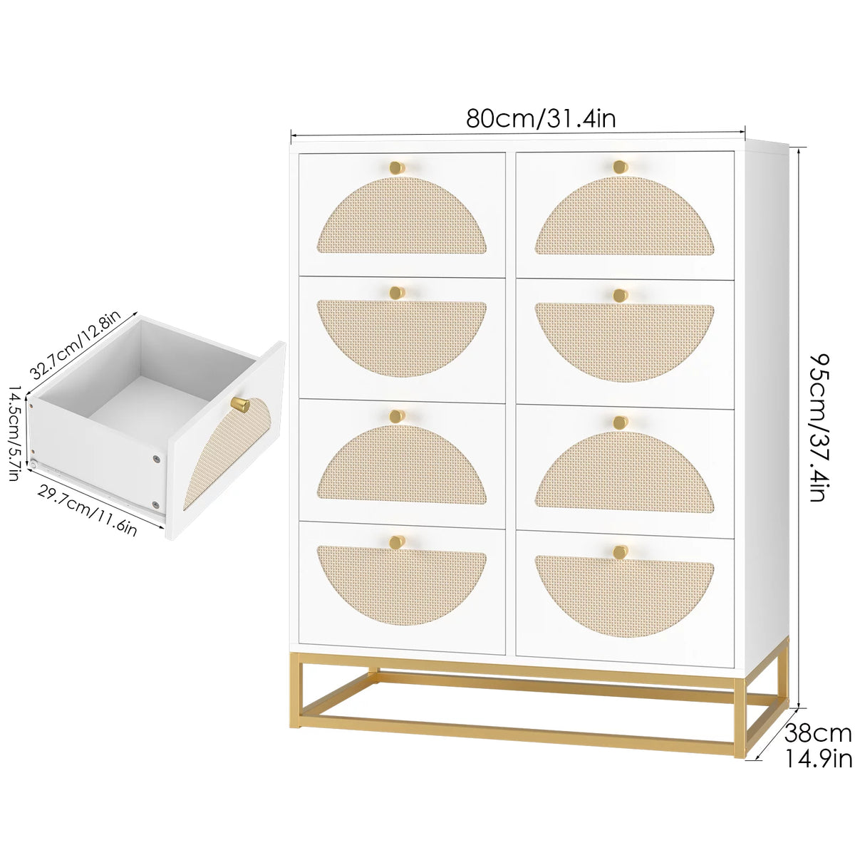 White 8 Drawer Rattan Wood Dresser J65071