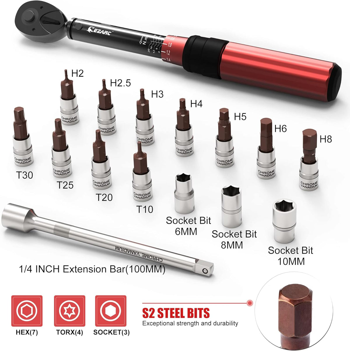 1/4 inch Drive Click Bike Torque Wrench Set 2-20 Nm H92221