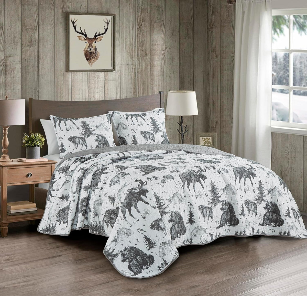 3-Piece King White Black Gray Microfiber Quilt Set O520