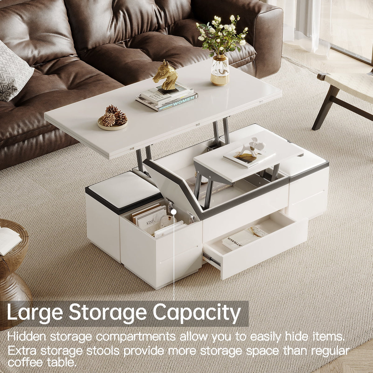 White Lift Top Coffee Table with 4 Stools N645