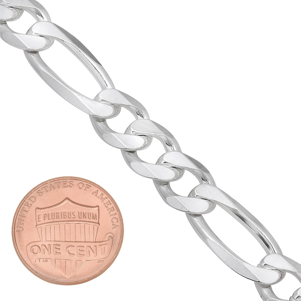 9.3mm Solid .925 Sterling Silver Figaro Chain Link Bracelet W432038