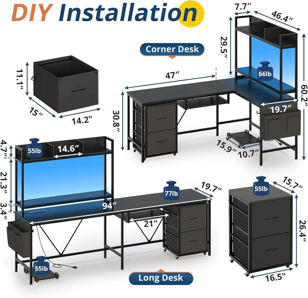 L Shaped Computer Desk with Power Outlet and LED Strip, Black E5590