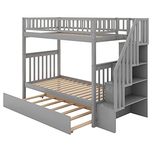 Gray Twin Over Twin Solid Wood Bunk Bed with Stairs and Trundle P711