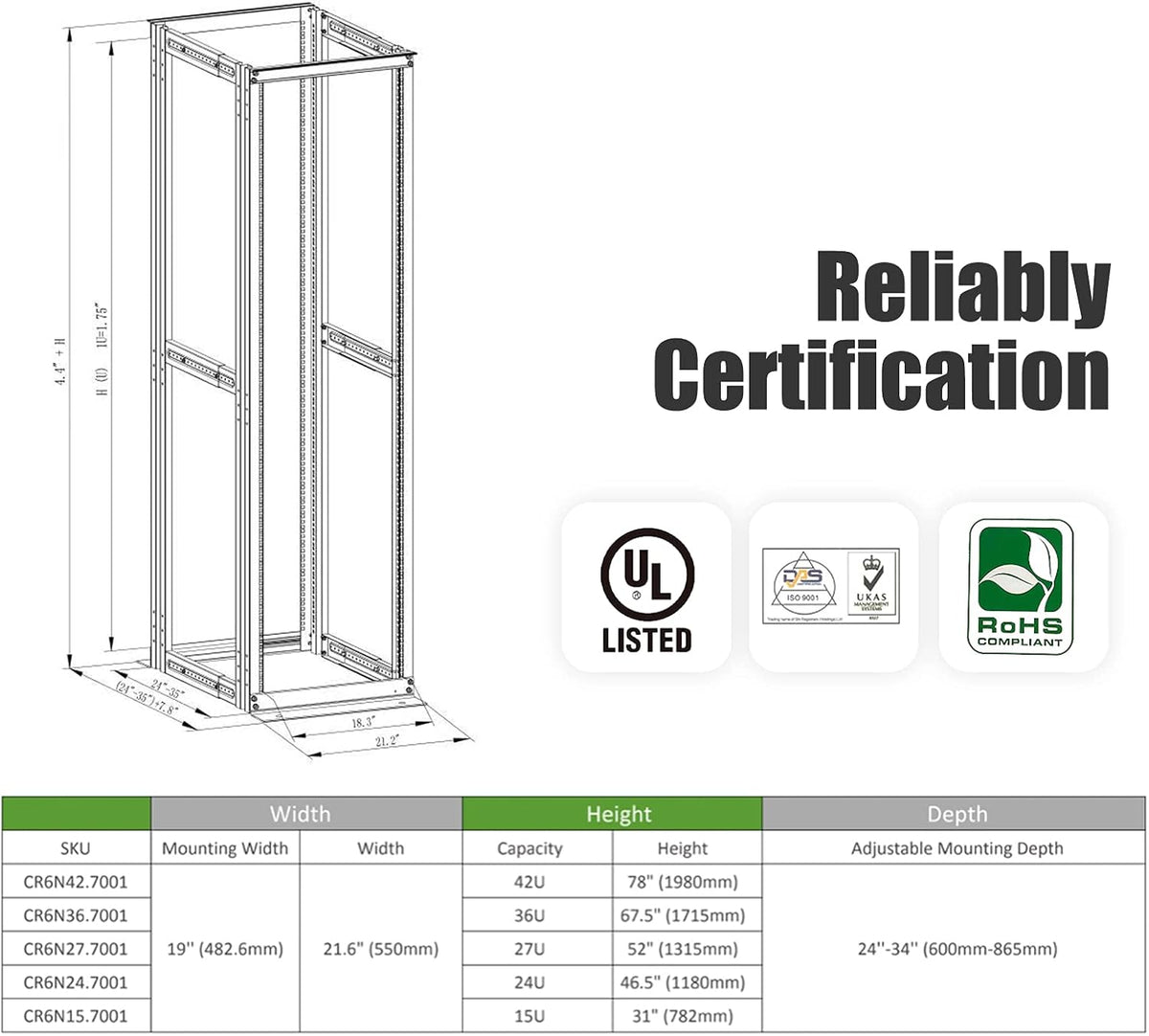 42U 4 Post Open Frame Server Rack 19inch Adjustable Depth O114634
