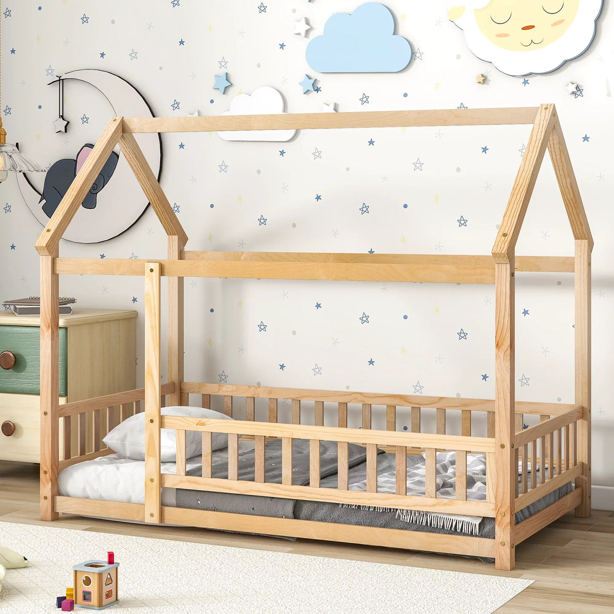 Twin Size Wood House Floor Bed with Fence Guardrails G765