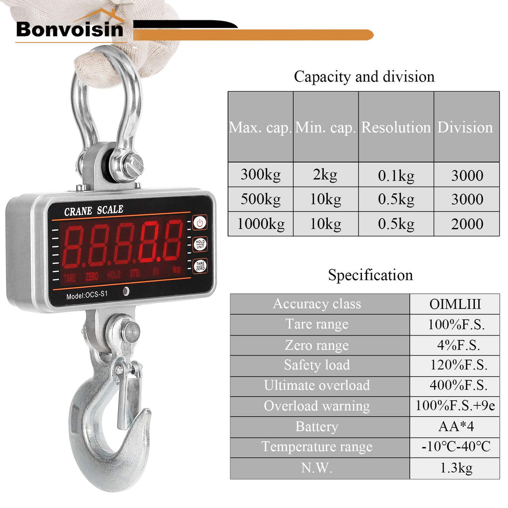 Digital Crane Scale 1000kg/2000lb Heavy Duty Hanging Scale with Remote Control LED Display E44080