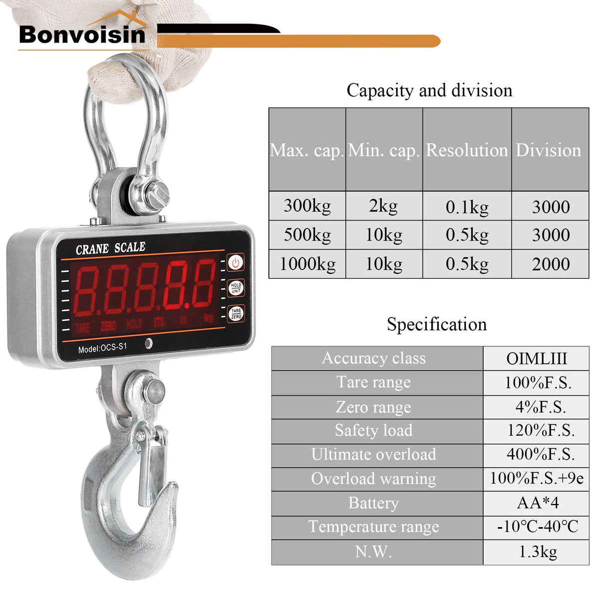 Digital Crane Scale 1000kg/2000lb Heavy Duty Hanging Scale with Remote Control LED Display E44080