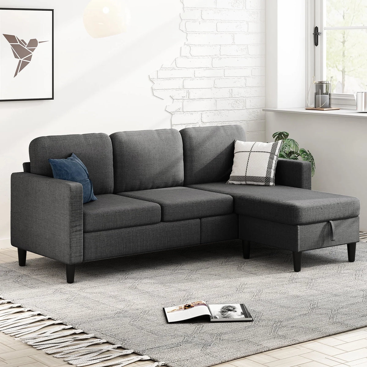 Beige Linen Sectional Sofa with Storage Ottoman W752