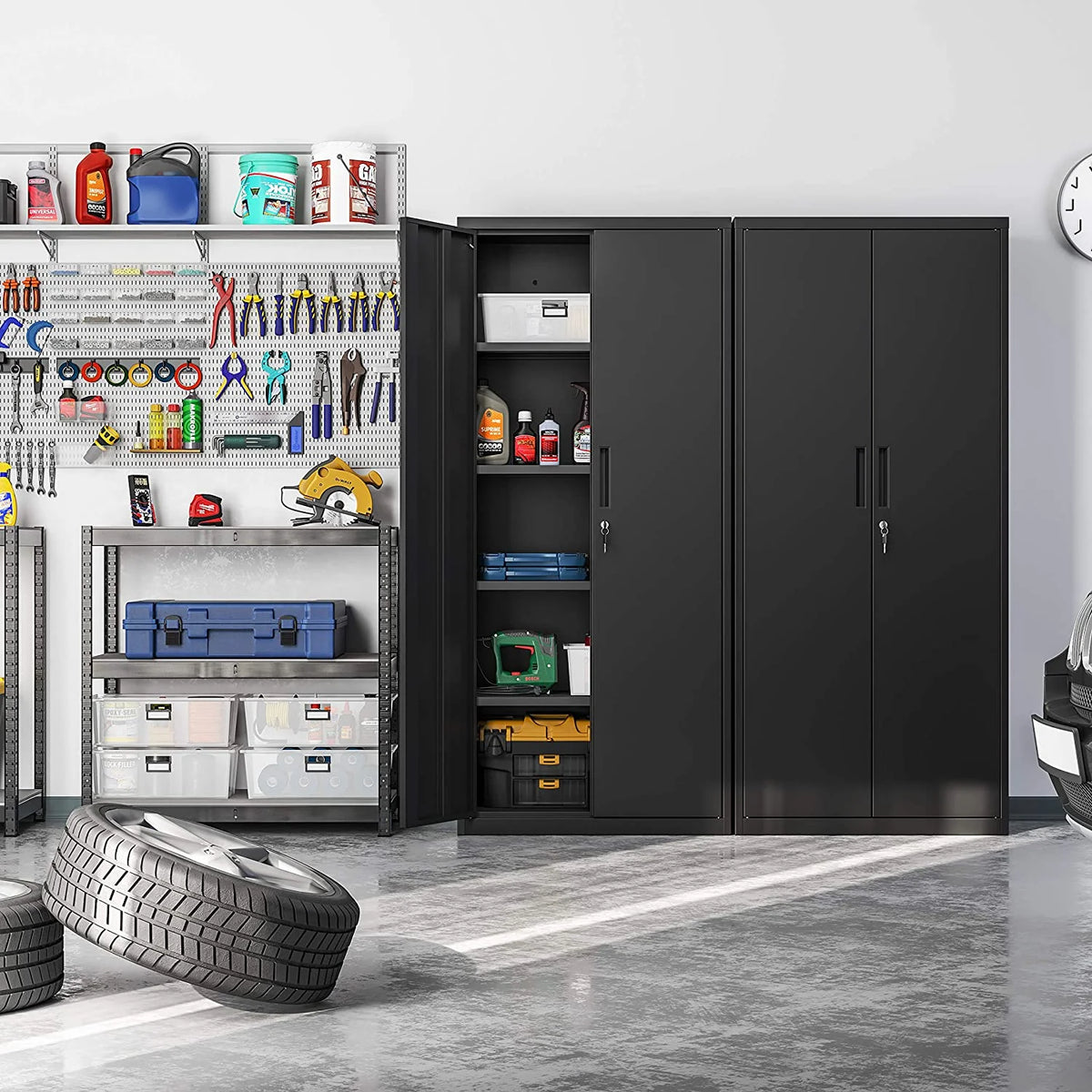 Metal Storage Cabinet with Doors and Shelves Black C513