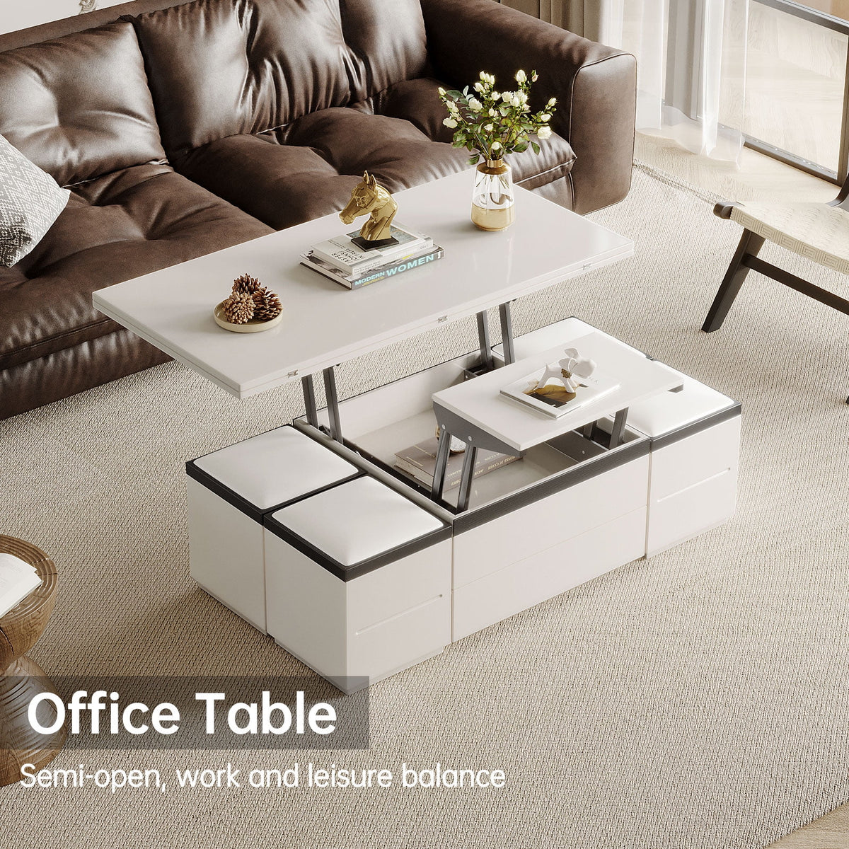 White Lift Top Coffee Table with 4 Stools N645