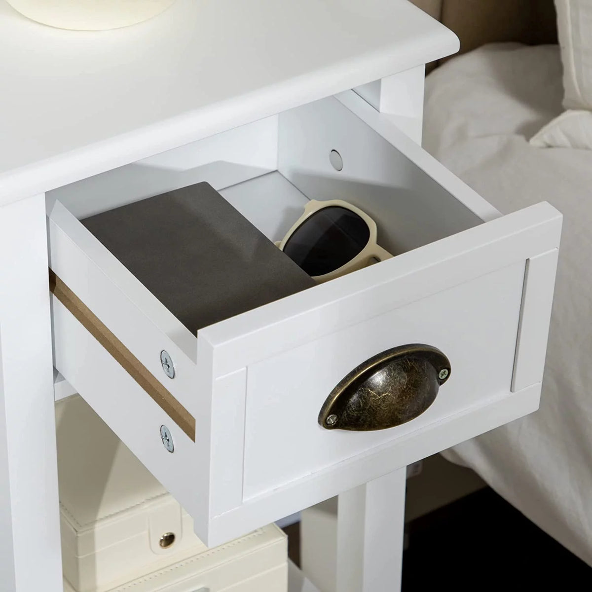 White 2-Tier Side Table with Drawer, Set of 2 G186