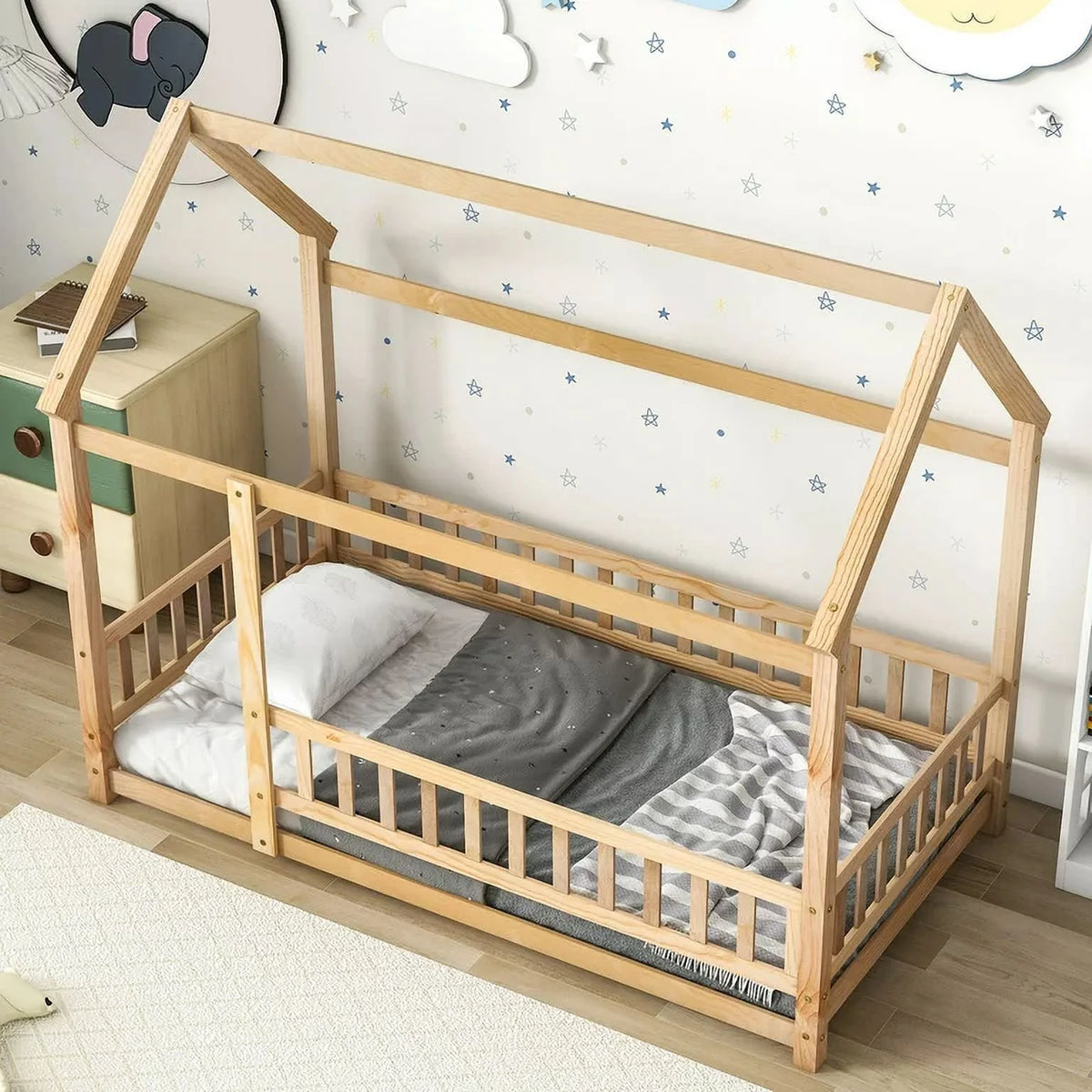 Twin Size Wood House Floor Bed with Fence Guardrails G765