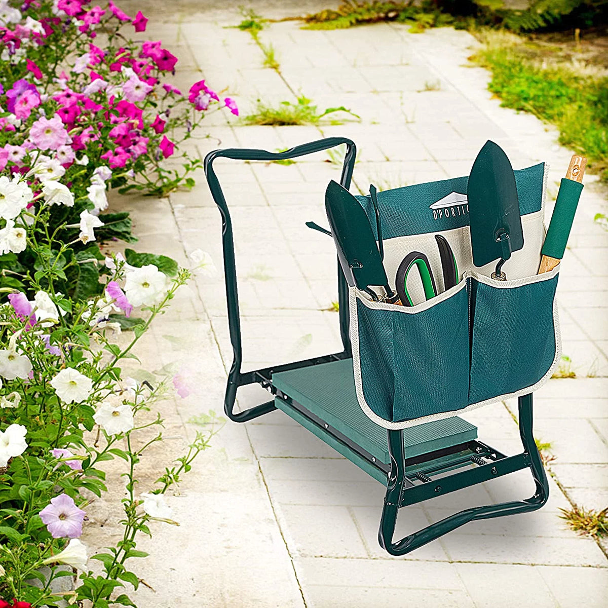 Folding Garden Kneeler Seat Portable Bench Stool with Foam Pad and Tool Pouch V9831
