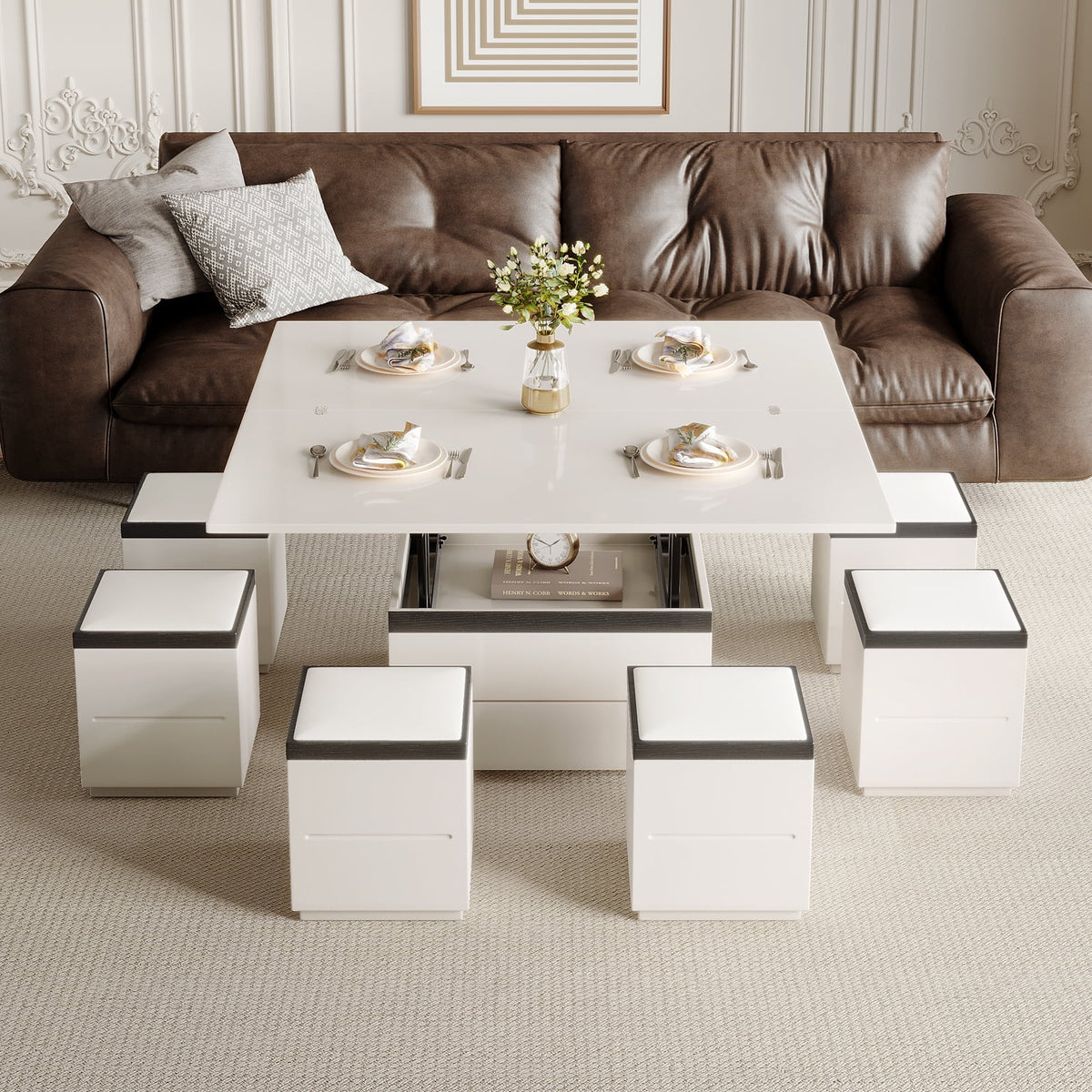 White Lift Top Coffee Table with 4 Stools N645