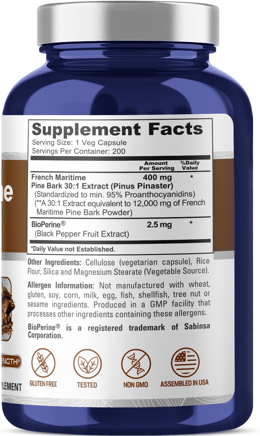 French Maritime Pine Bark Extract 12,000 mg Veggie Caps 200-Day Supply D689