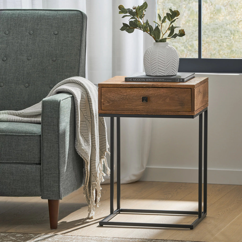 Mango Wood C-Shaped Side Table with Drawer M3771