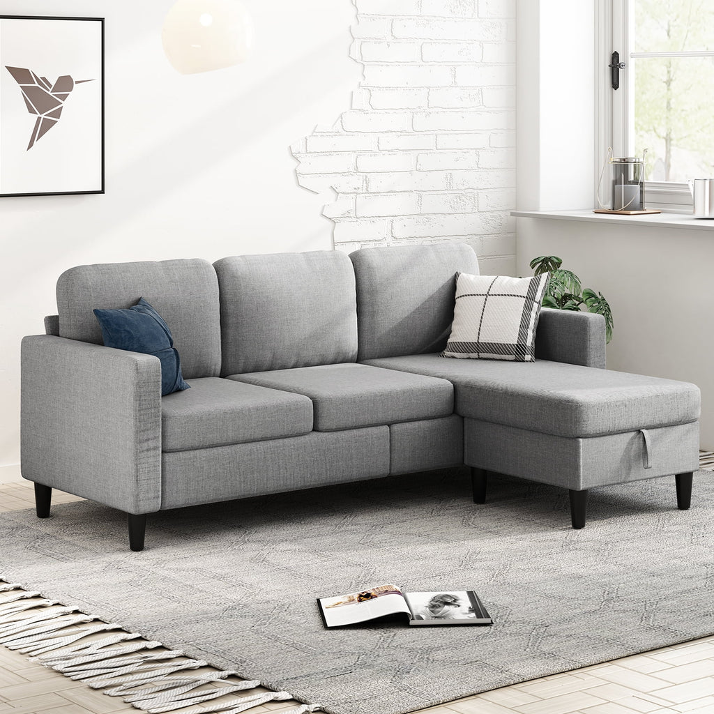 Beige Linen Sectional Sofa with Storage Ottoman W752