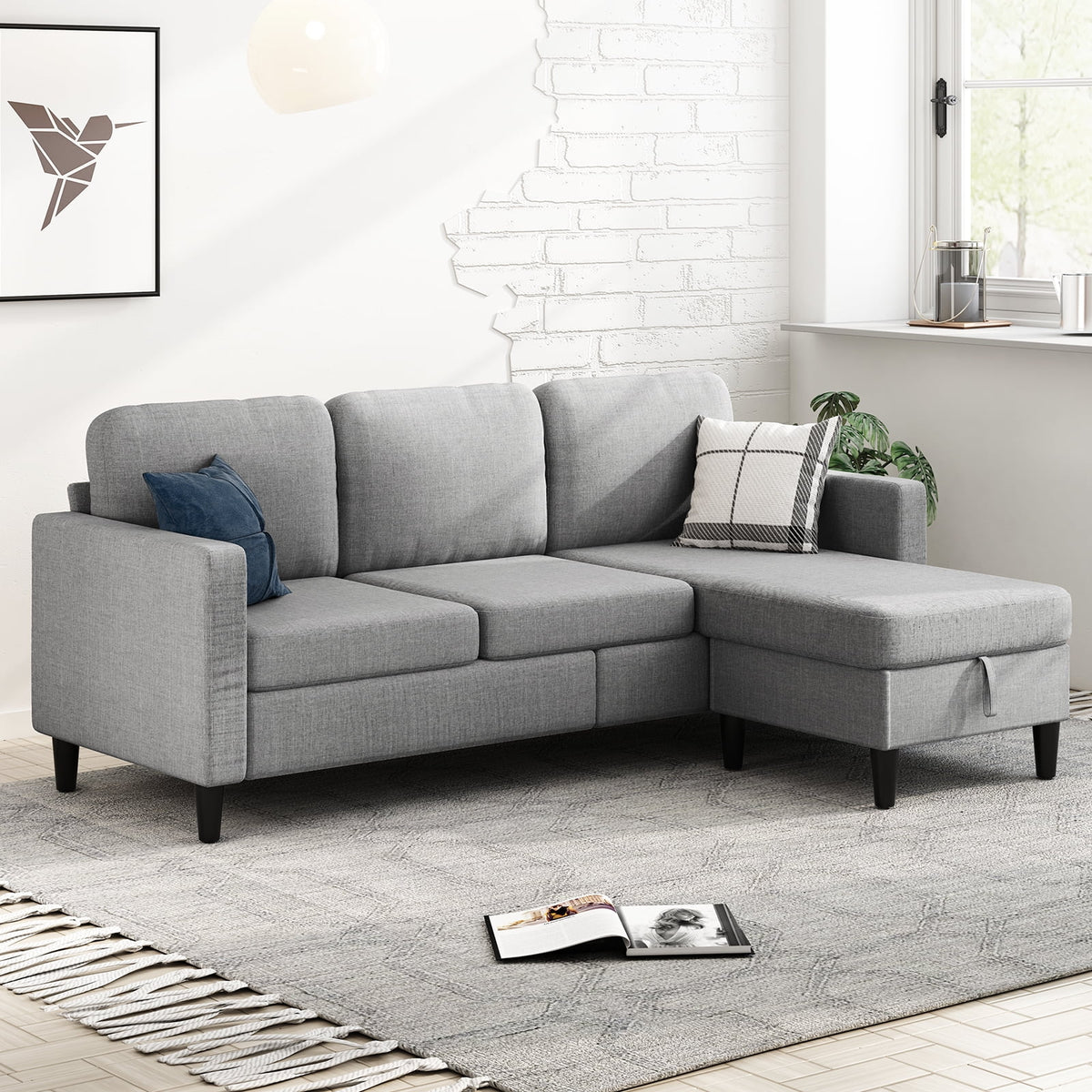 Beige Linen Sectional Sofa with Storage Ottoman W752