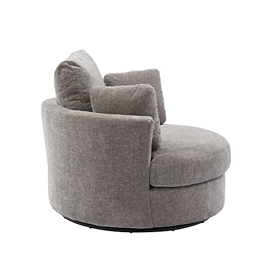 Beige Oversized Round Chenille Swivel Accent Barrel Chair with 3 Pillows M265916