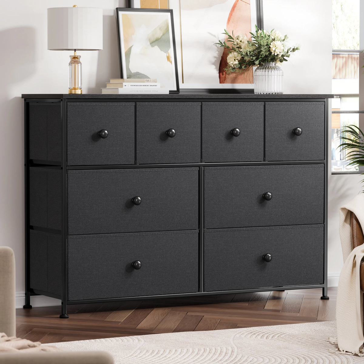 8 Drawer Fabric Dresser with Steel Frame and Wooden Top N39884