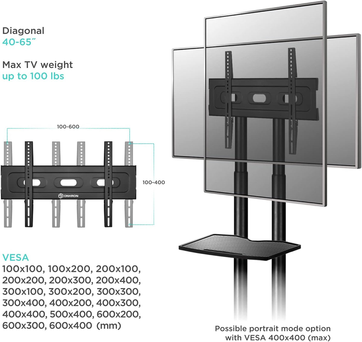 Mobile TV Stand for 40 to 65 Inch TV Screens with Wheels W880