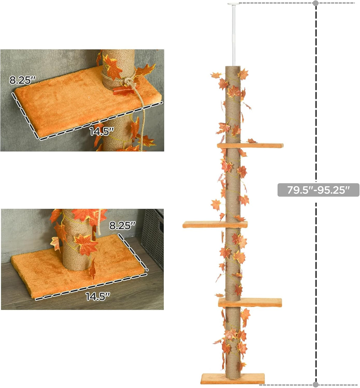 80" - 95" Adjustable 3-Level Cat Tree with Sisal Scratching Post O634959