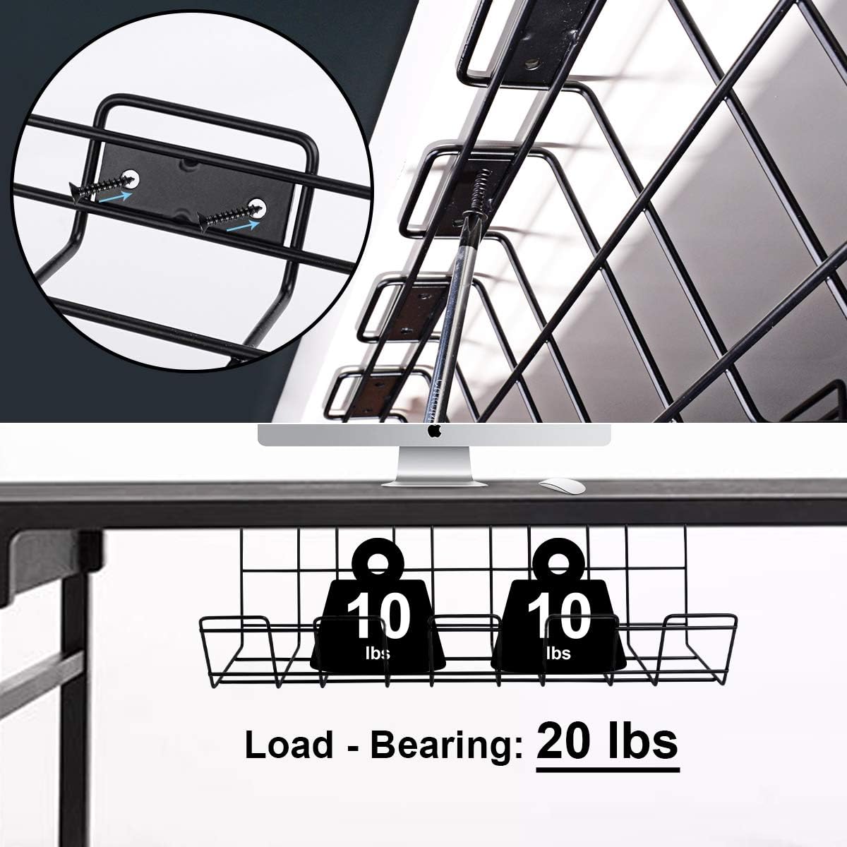 Under Desk Cable Management Tray, Black Cord Basket Set of 2 U7684